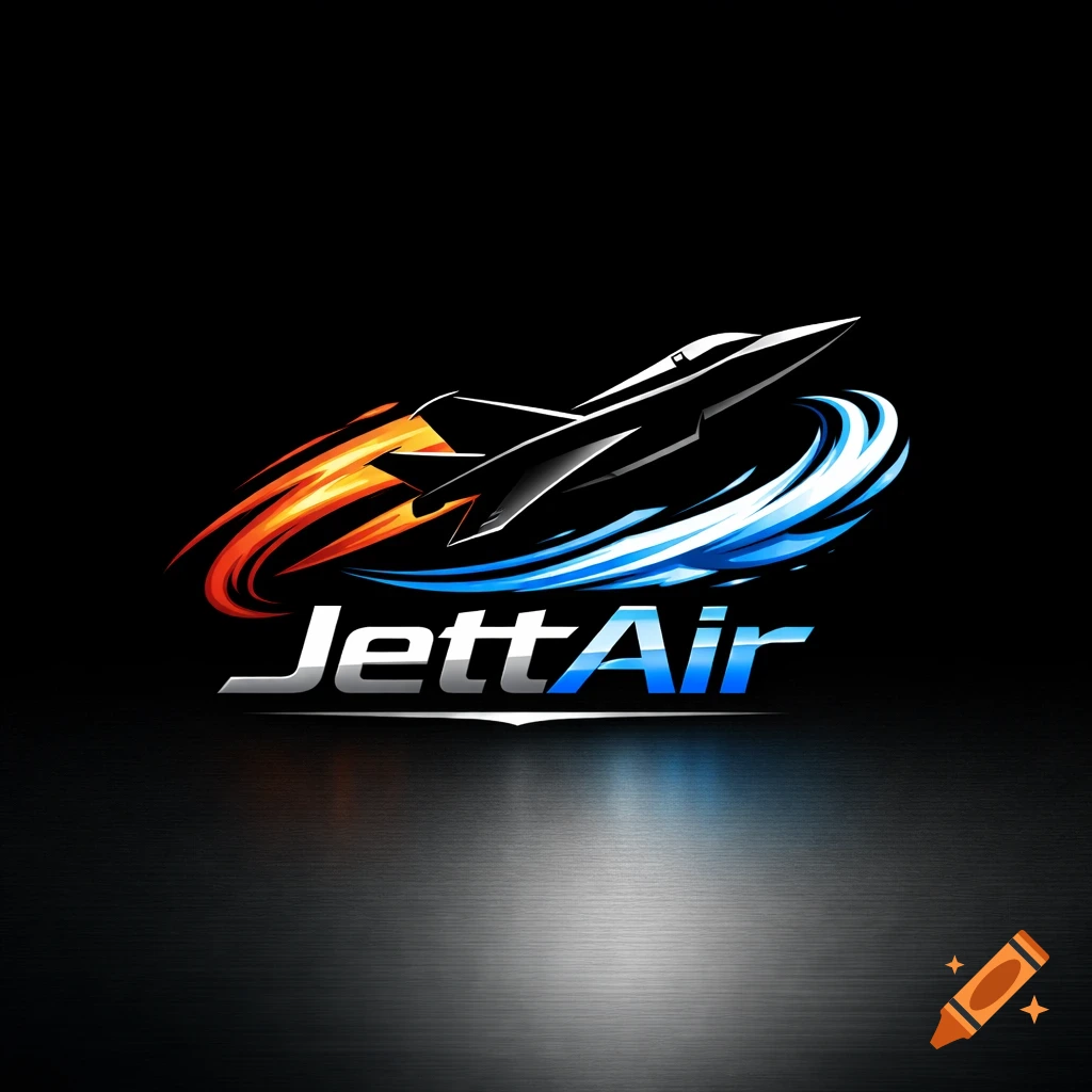 A stylized company logo featuring a black jet with fiery orange and icy blue swirls, above the text "JettAir" on a dark background.