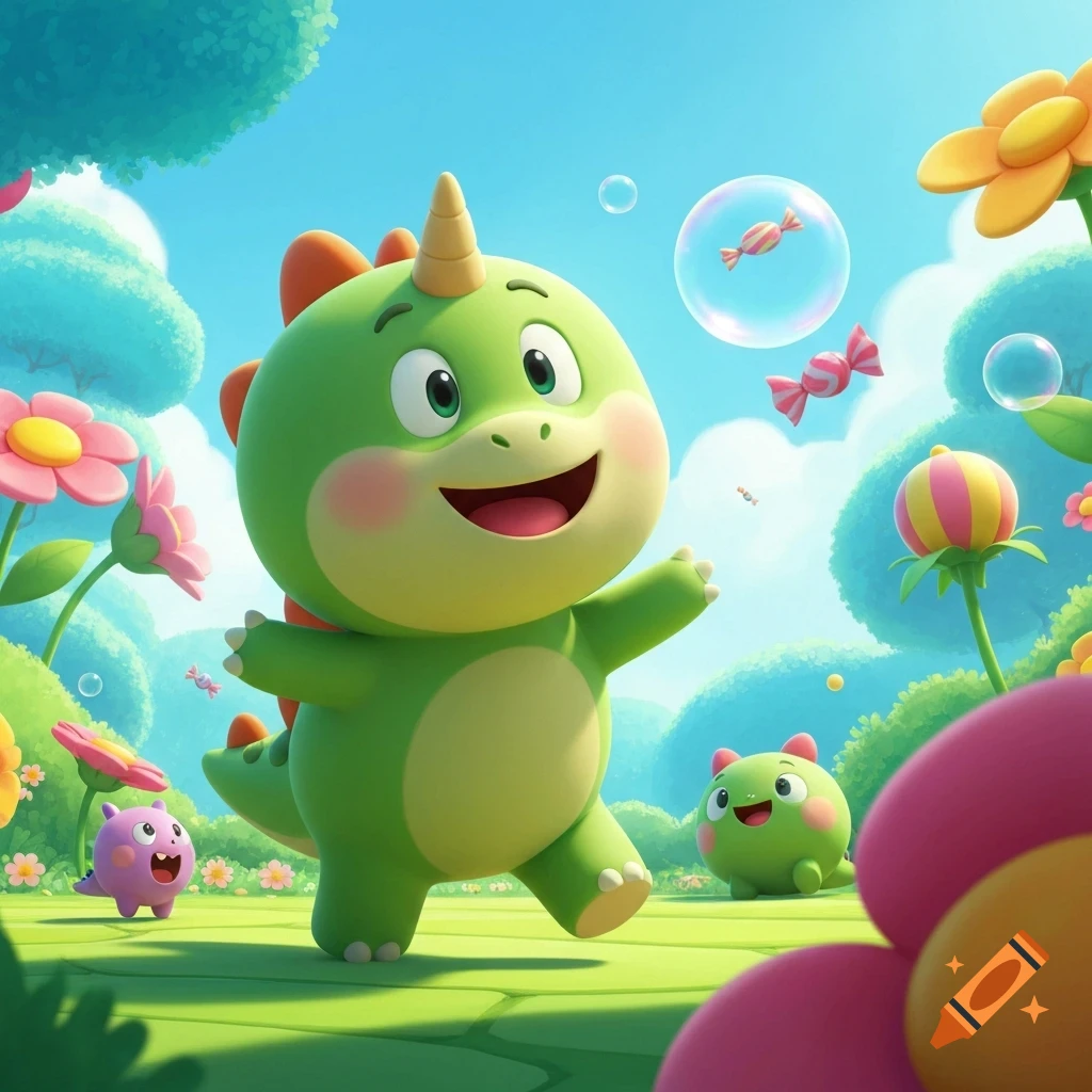 Cute chubby green cartoon dinosaur smiling and walking in a bright grassy field with colorful flowers, trees, and floating candies.