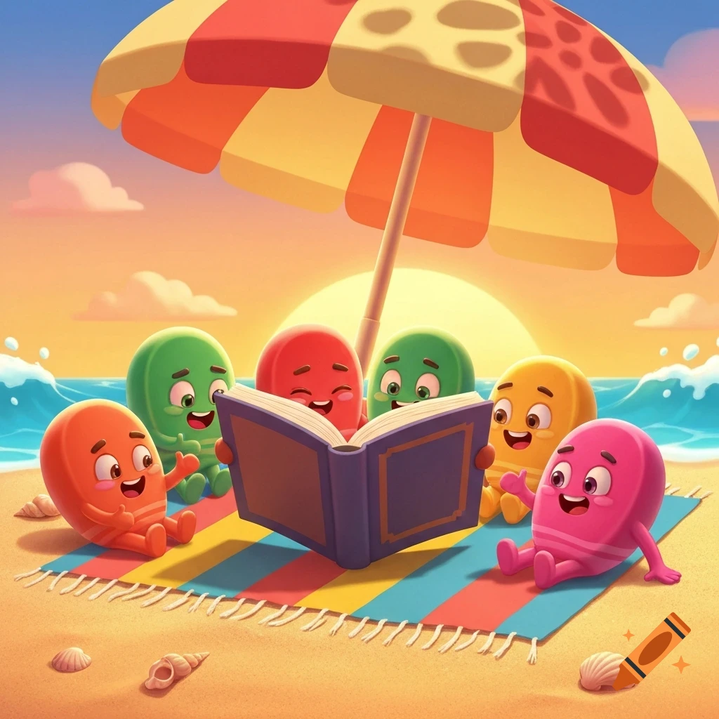 Five colorful, cute cartoon candy-like creatures reading a book on a striped beach towel under a large umbrella at sunset.