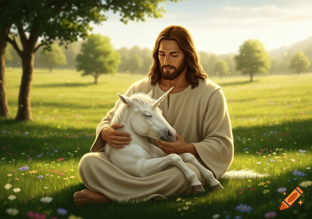 Digital art of Jesus sitting in a grassy field, holding a sleeping baby unicorn with a tender gaze.