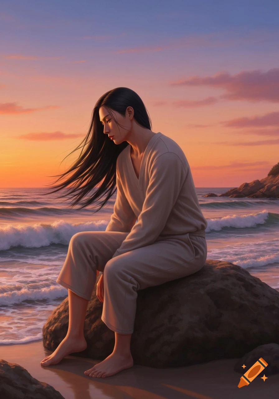 A woman with long dark hair sits on a rock by the ocean at sunset, in a realistic digital painting.