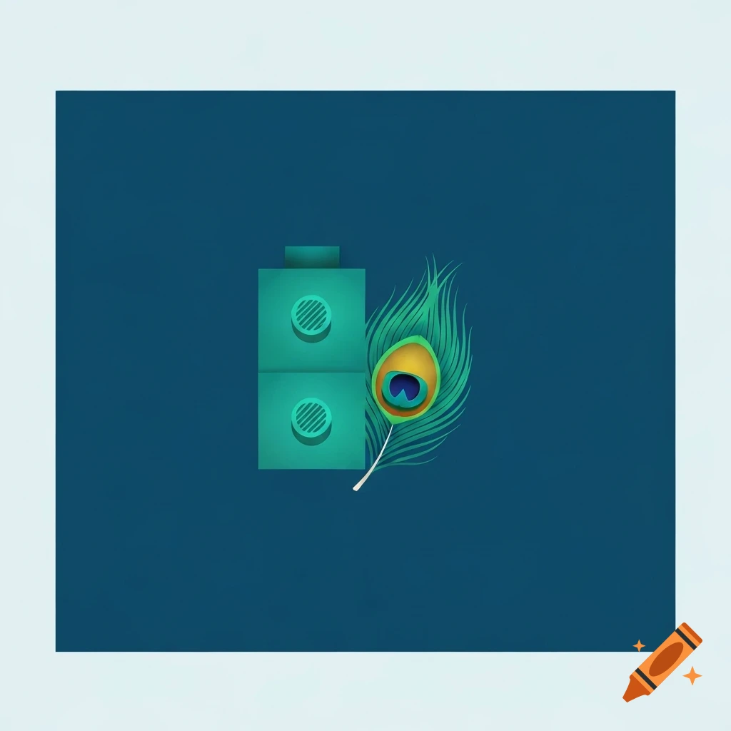 A stylized teal LEGO brick with a peacock feather emerging from its corner, set against a deep blue background in a minimalist style.