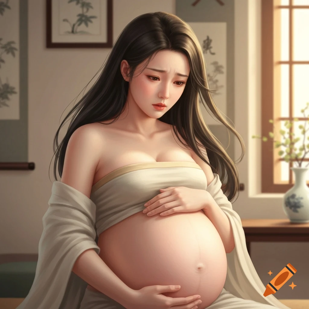 Digital art portrait of a sad, pregnant Chinese woman in traditional attire, cradling her belly.