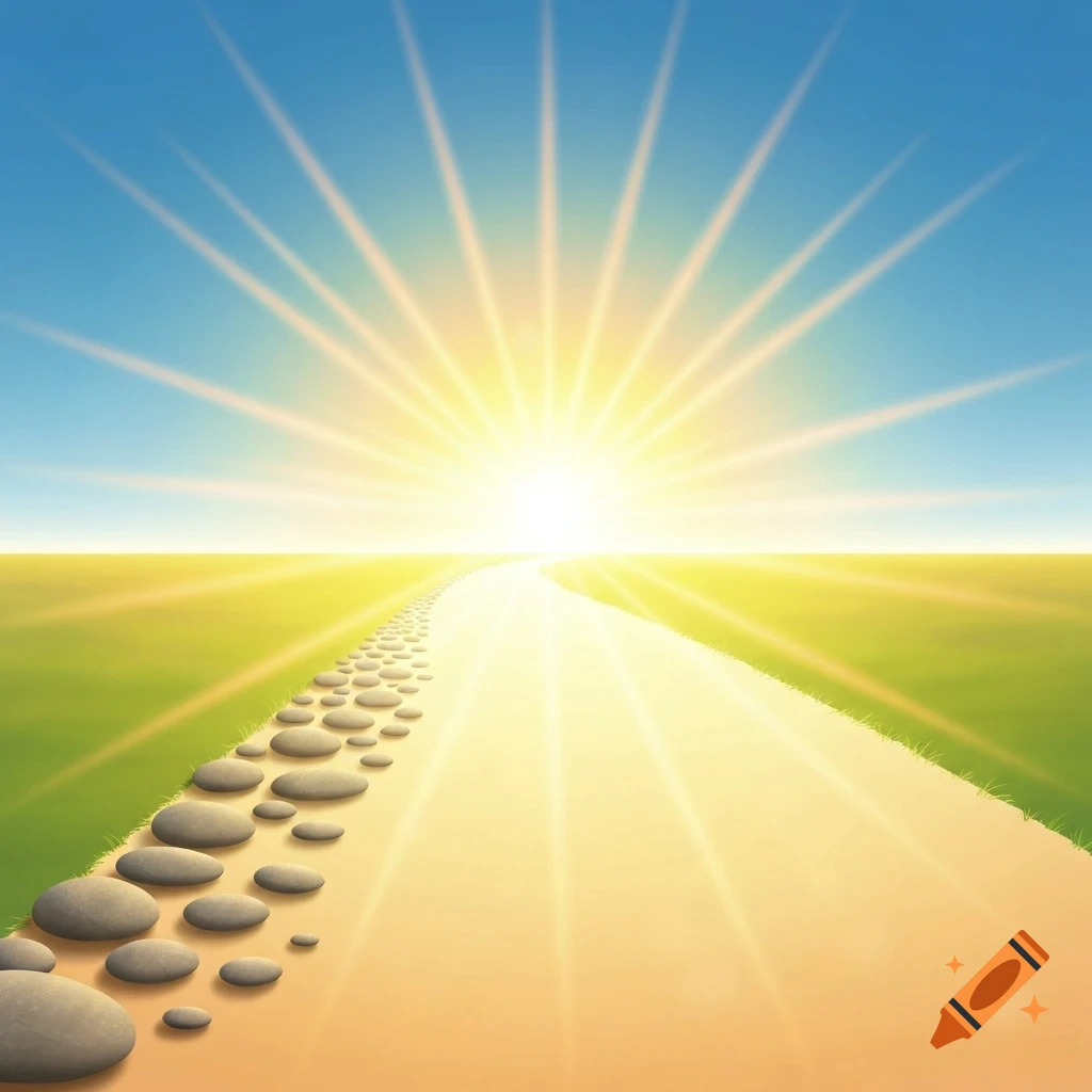 Colorful illustration of a sunny path with stepping stones leading to a bright horizon and radiant sun.