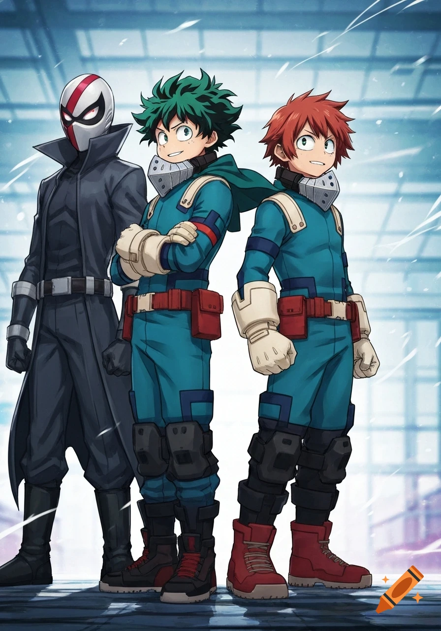 An anime illustration of three characters from My Hero Academia standing side-by-side: Twice in his black villain costume, Izuku Midoriya in his teal hero costume, and a red-haired character in a similar teal hero costume, against a blue, abstract background.