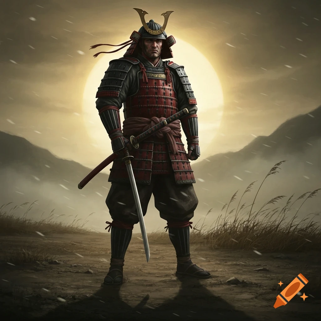 A samurai in red and black armor with a katana stands on a dirt path under a large sun, with mountains in the background.
