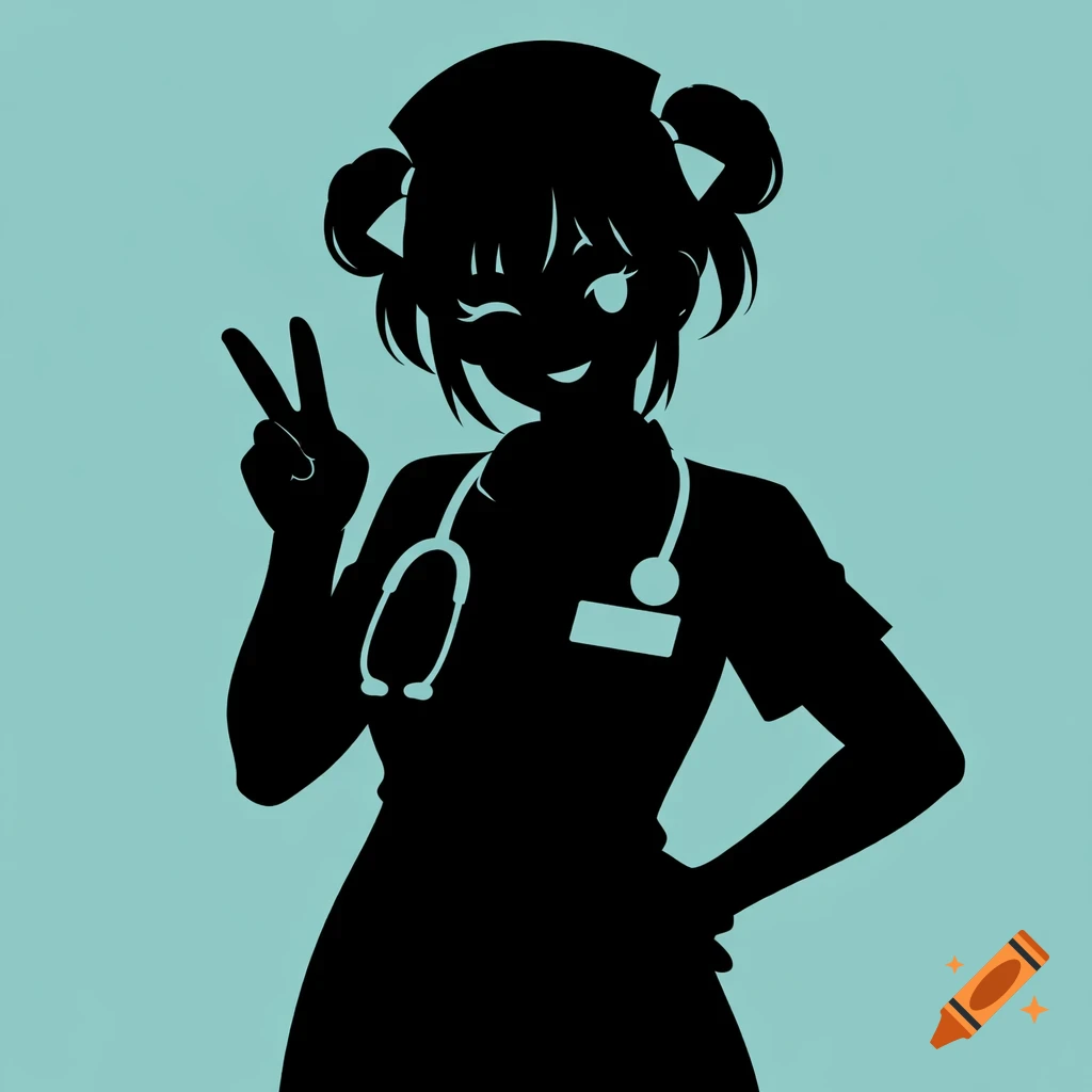 Black silhouette of an anime nurse girl winking and making a peace sign, with a stethoscope, against a teal background.