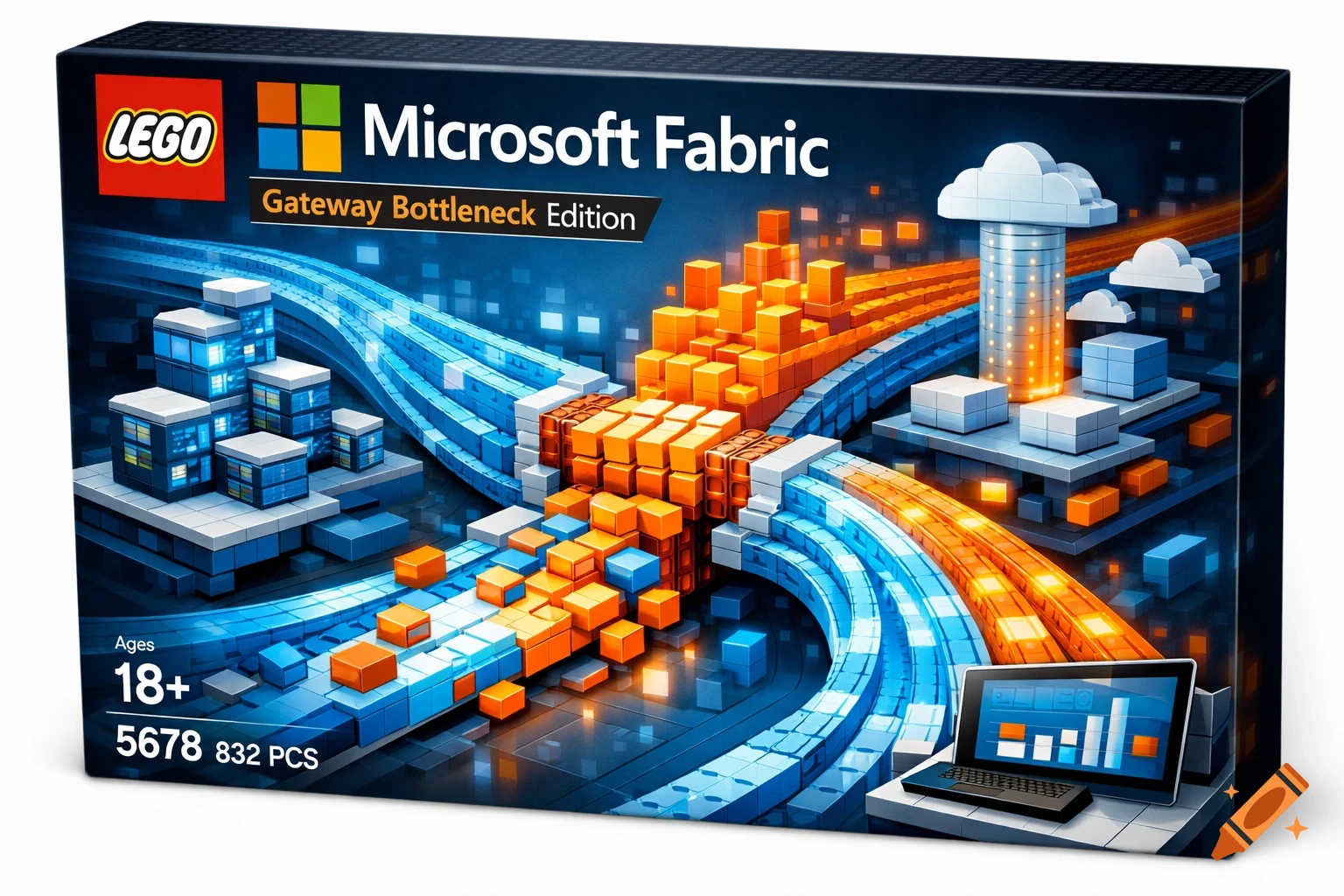 A LEGO set box for "Microsoft Fabric: Gateway Bottleneck Edition" featuring a complex network of blue and orange data flows, server buildings, and a cloud structure.