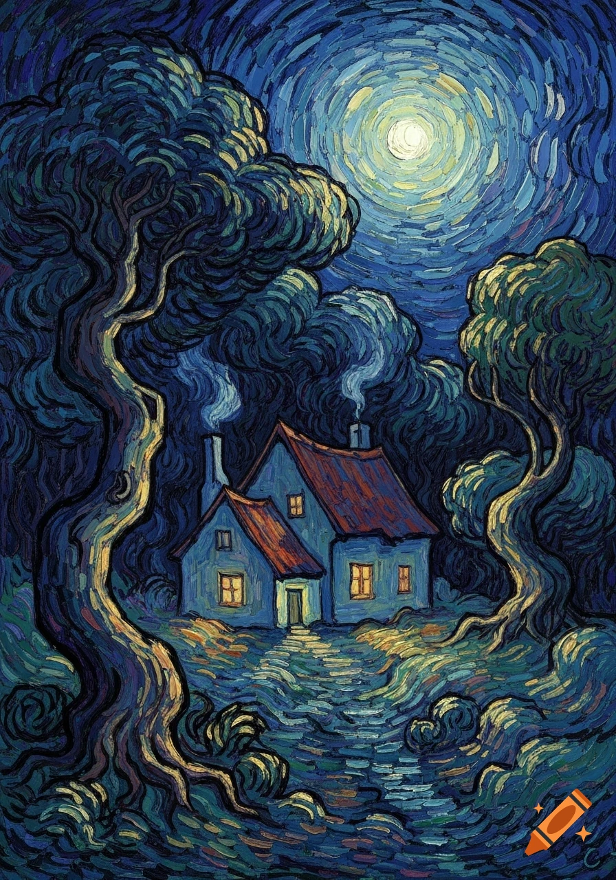 A small house with smoke from chimneys in a dark forest at night, under a bright moon, painted in Van Gogh's style.