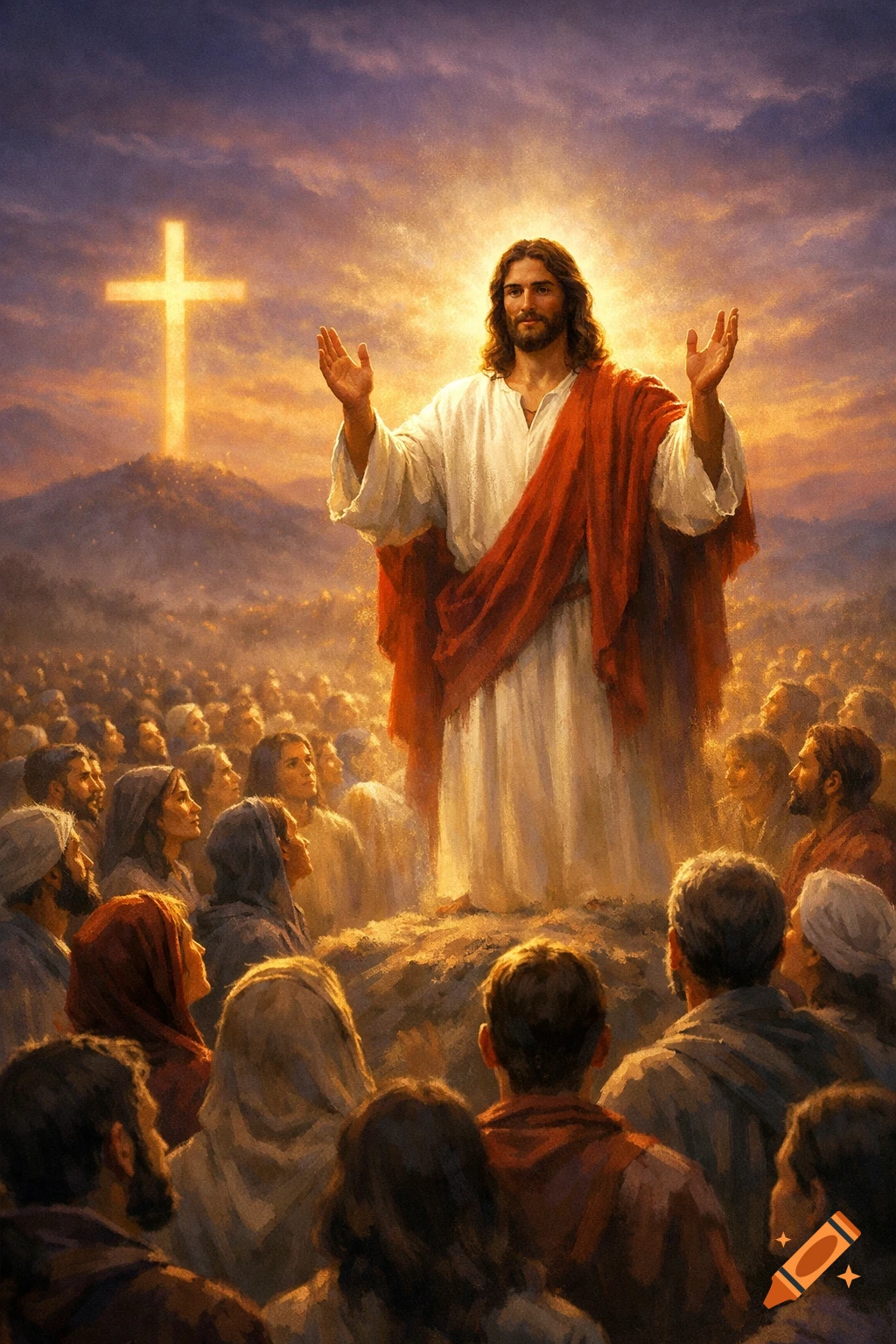 A painting of Jesus with arms raised, addressing a large crowd on a hillside, with a glowing cross visible in the distance under a dramatic sky.
