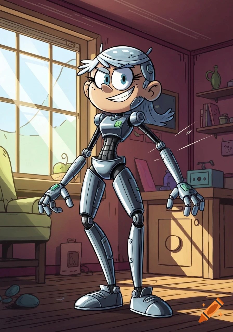 A robot character with white hair and a mischievous smile, in the style of The Loud House, stands in a brightly lit room.
