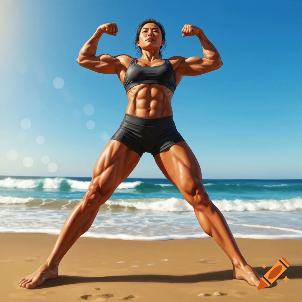 A muscular Asian woman flexing her biceps on a sunny beach, wearing a black sports bra and shorts, with feet wide apart.