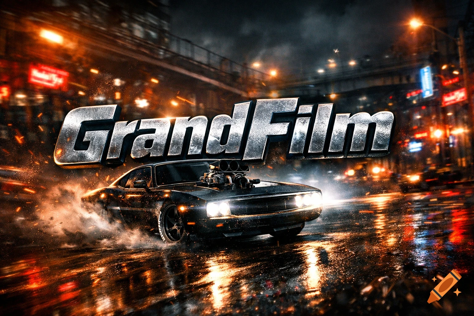 Dynamic, action-movie style image of a black muscle car with a supercharger speeding on a wet city street at night, with 'GrandFilm' text above.