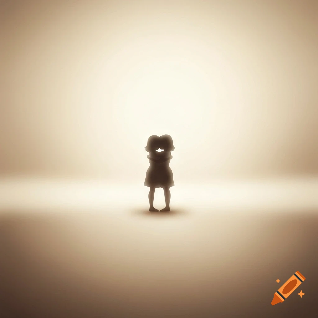 Two small, dark silhouettes of children hugging in the center of a warm, cream-brown, foggy background.