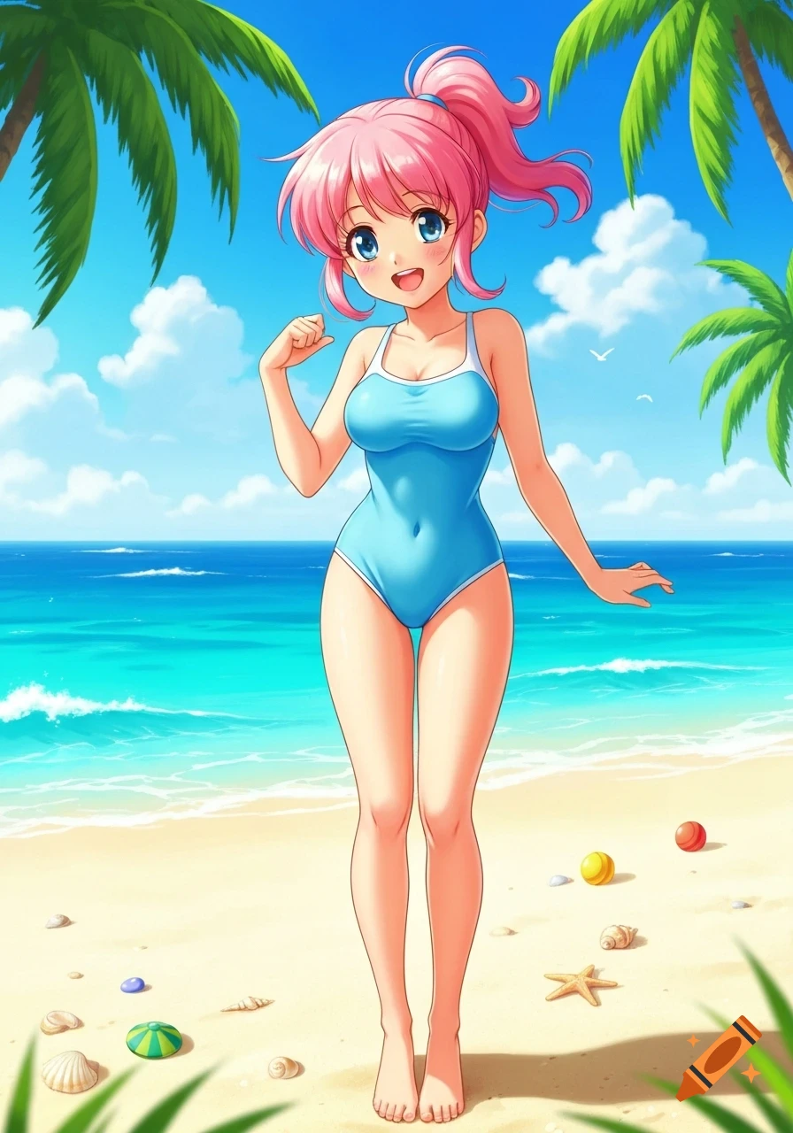 An anime girl with pink hair in a blue one-piece swimsuit stands smiling on a sunny beach with palm trees, shells, and blue ocean.