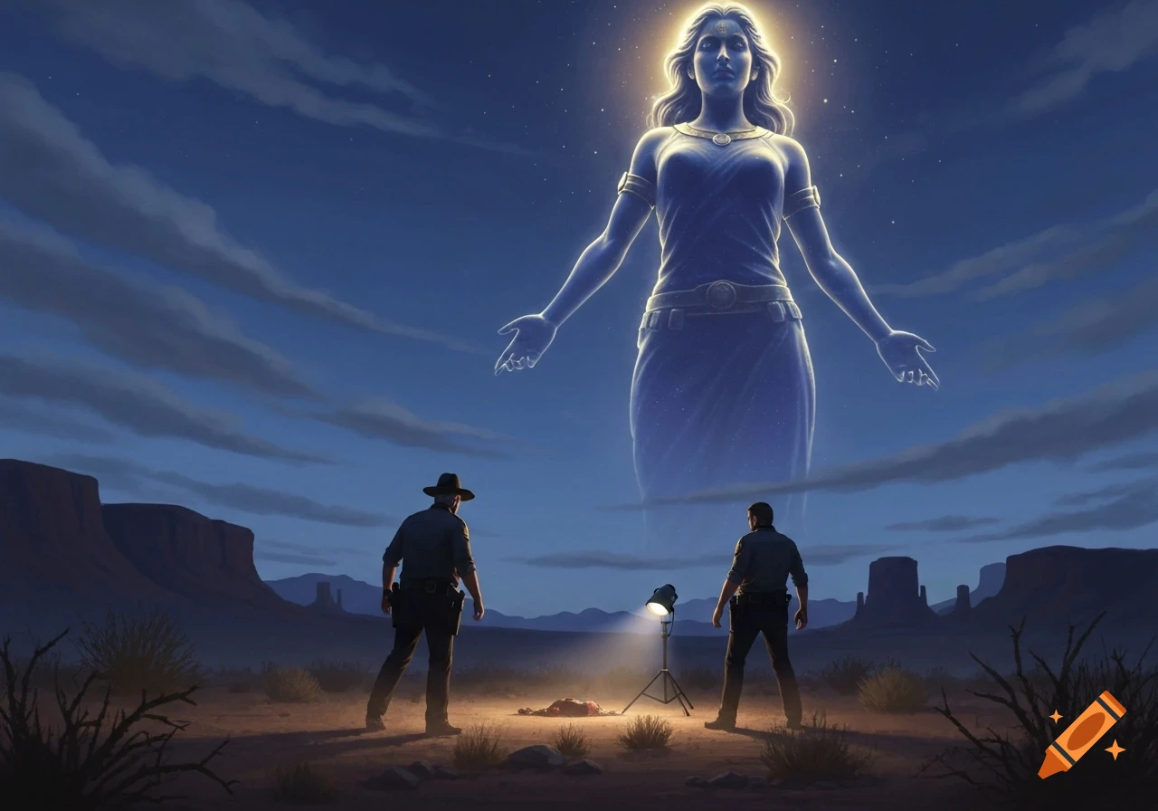 Two officers investigate a murder scene in a desert at night, under a giant, glowing goddess projected in the sky.