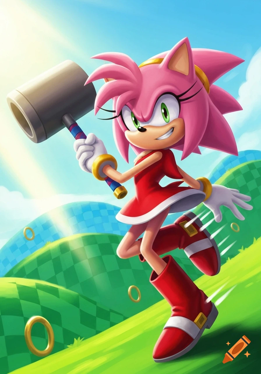 Vibrant cartoon of Amy Rose, a pink hedgehog, running with her hammer through green hills with golden rings.