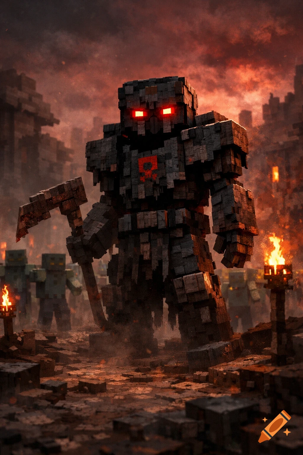 A colossal, dark, blocky golem with glowing red eyes and a pickaxe stands in a fiery, apocalyptic Minecraft-style cityscape, surrounded by smaller zombie figures.