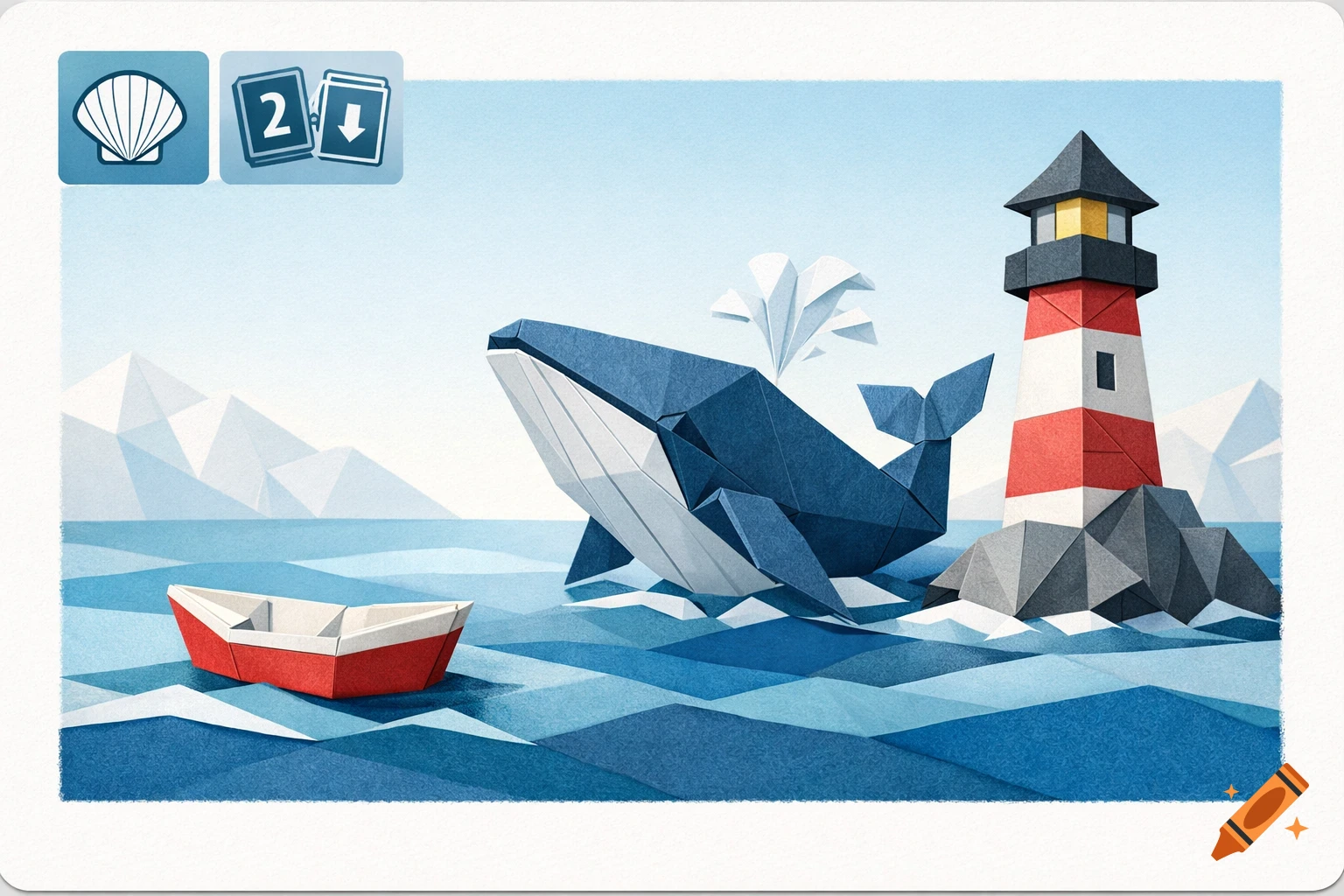 Origami art of a blue whale spouting water, a red and white lighthouse, and a red boat in blue waters, with game icons in the top left.