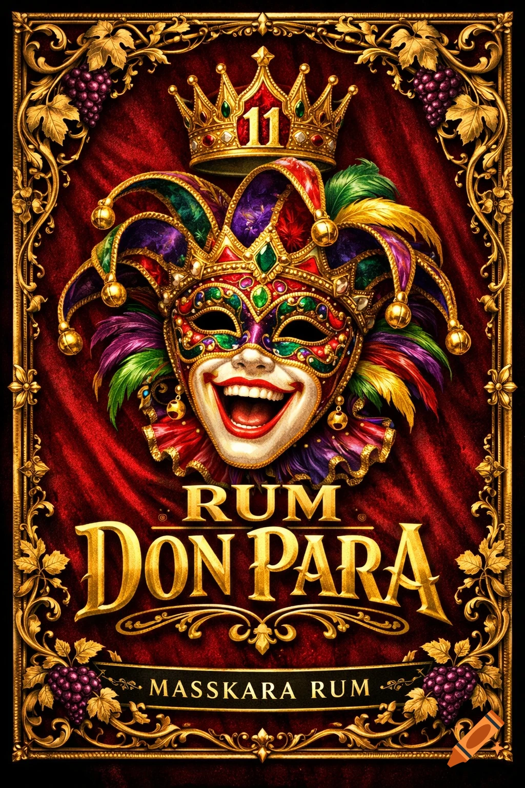 An ornate Don Para Masskara Rum label in a carnival style, featuring a laughing jester mask, a golden crown with '11', and golden text on a deep red velvet background with gold grapevines.