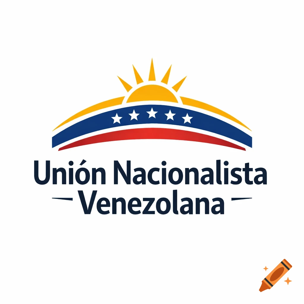 Logo for 'Unión Nacionalista Venezolana' featuring a sun above an arched band with five stars in Venezuelan flag colors.