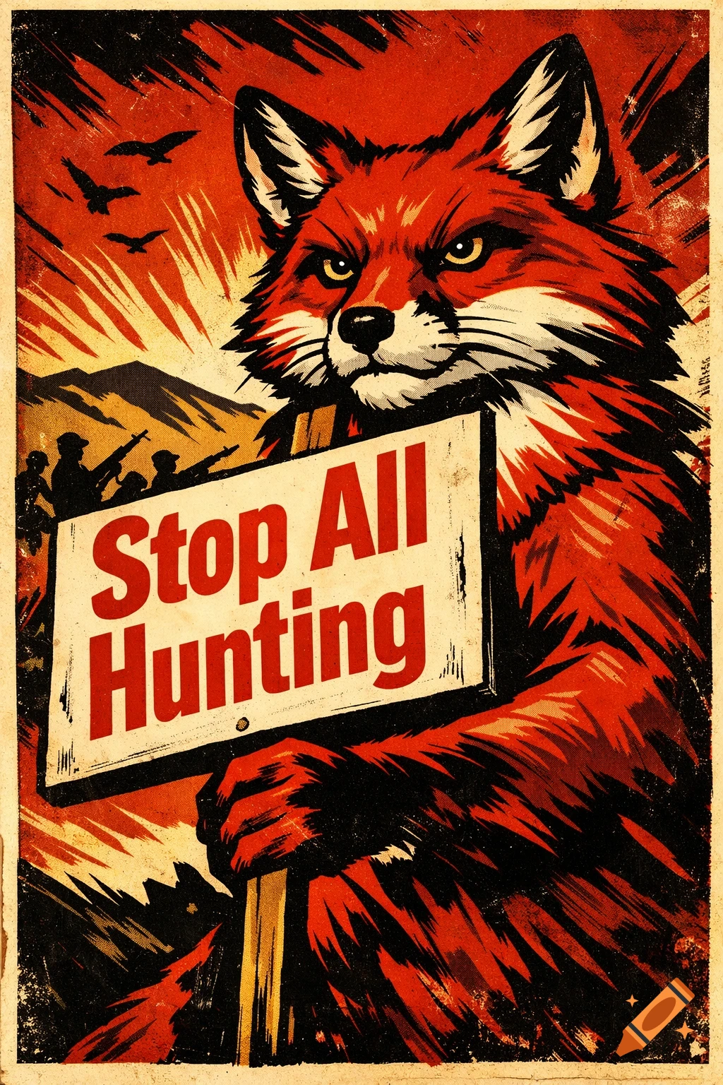 A red propaganda art-style fox holds a 'Stop All Hunting' sign, with silhouetted hunters and birds in the background.