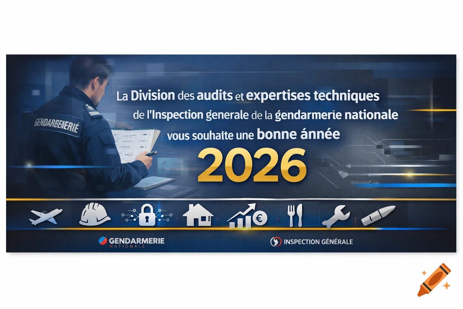 A Gendarmerie New Year's greeting card with a French officer, text 'bonne année 2026', and icons on a blue digital background.