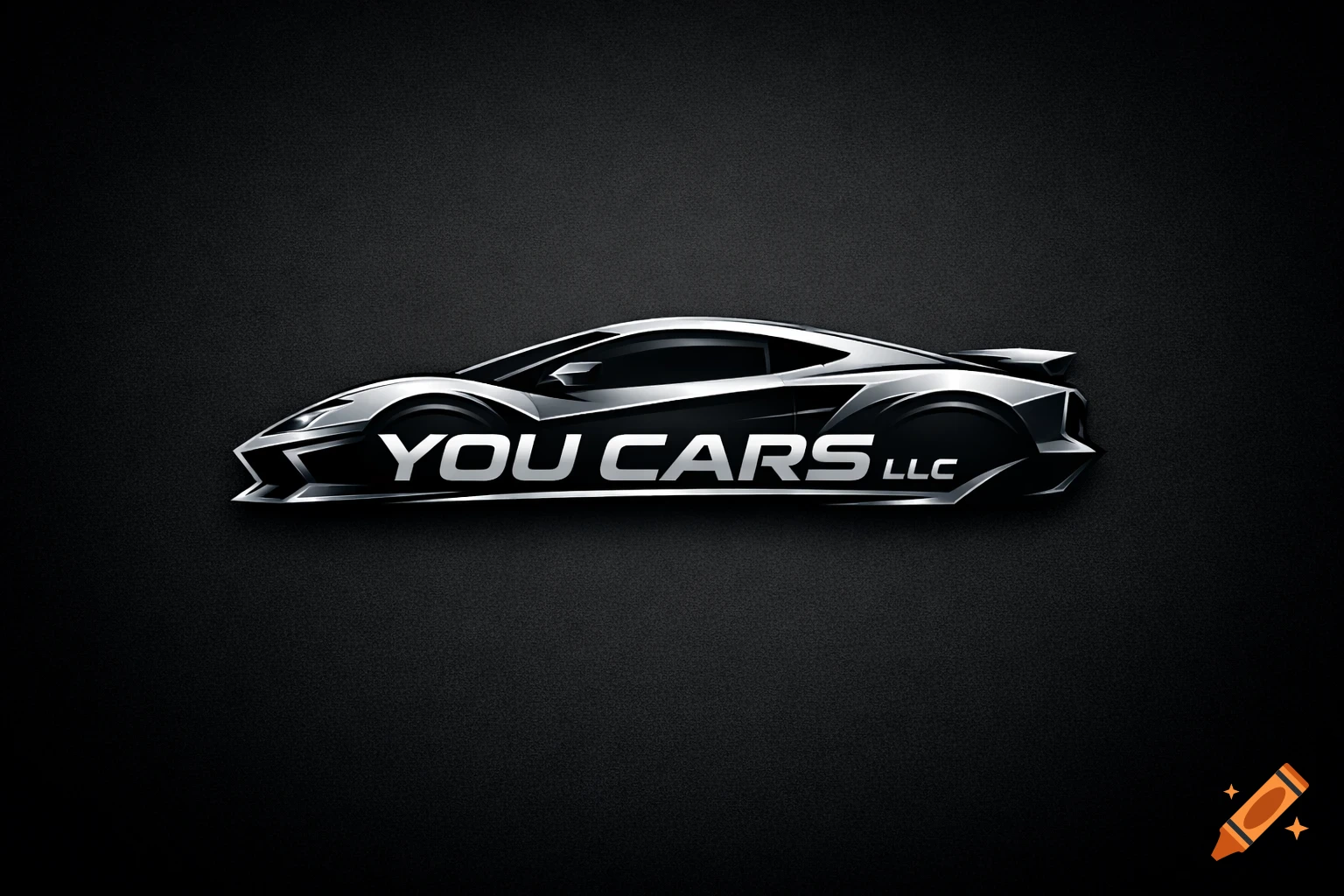 Sleek silver and black sports car silhouette logo with 'YOU CARS LLC' text on a dark textured background.