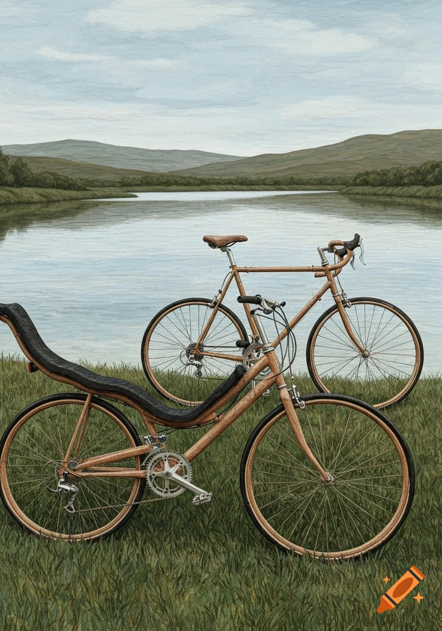 A wood carving of a recumbent and a road bicycle parked on grass by a lake with distant hills.