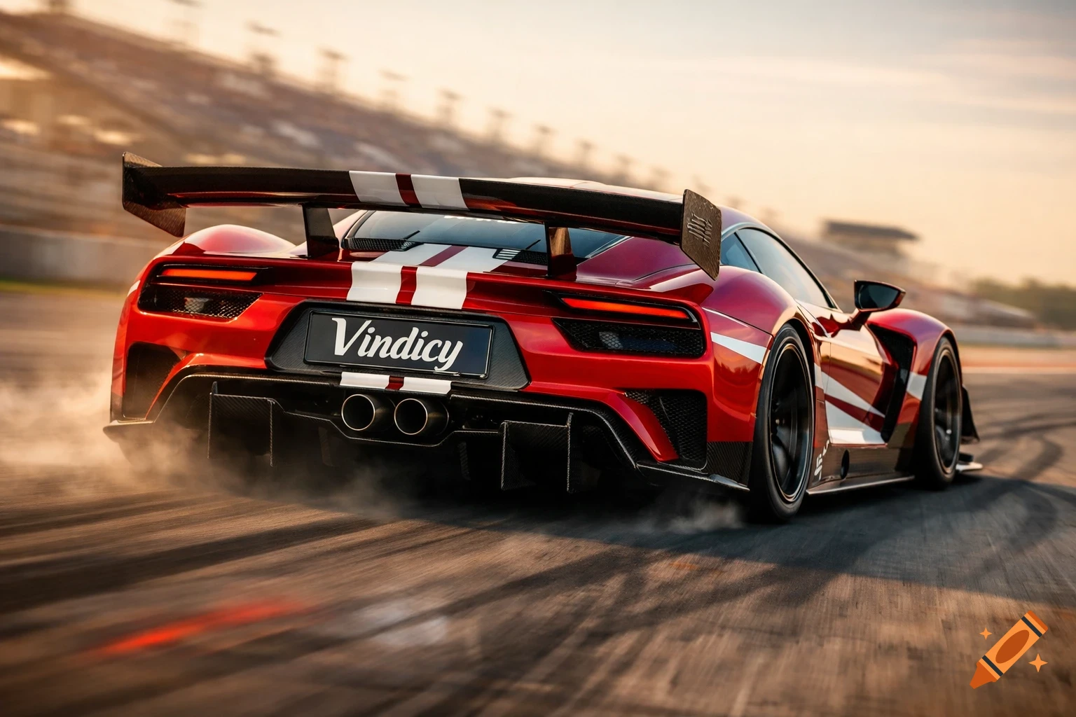 Photorealistic red and white race car with a large spoiler speeding on a track, leaving a trail of smoke.