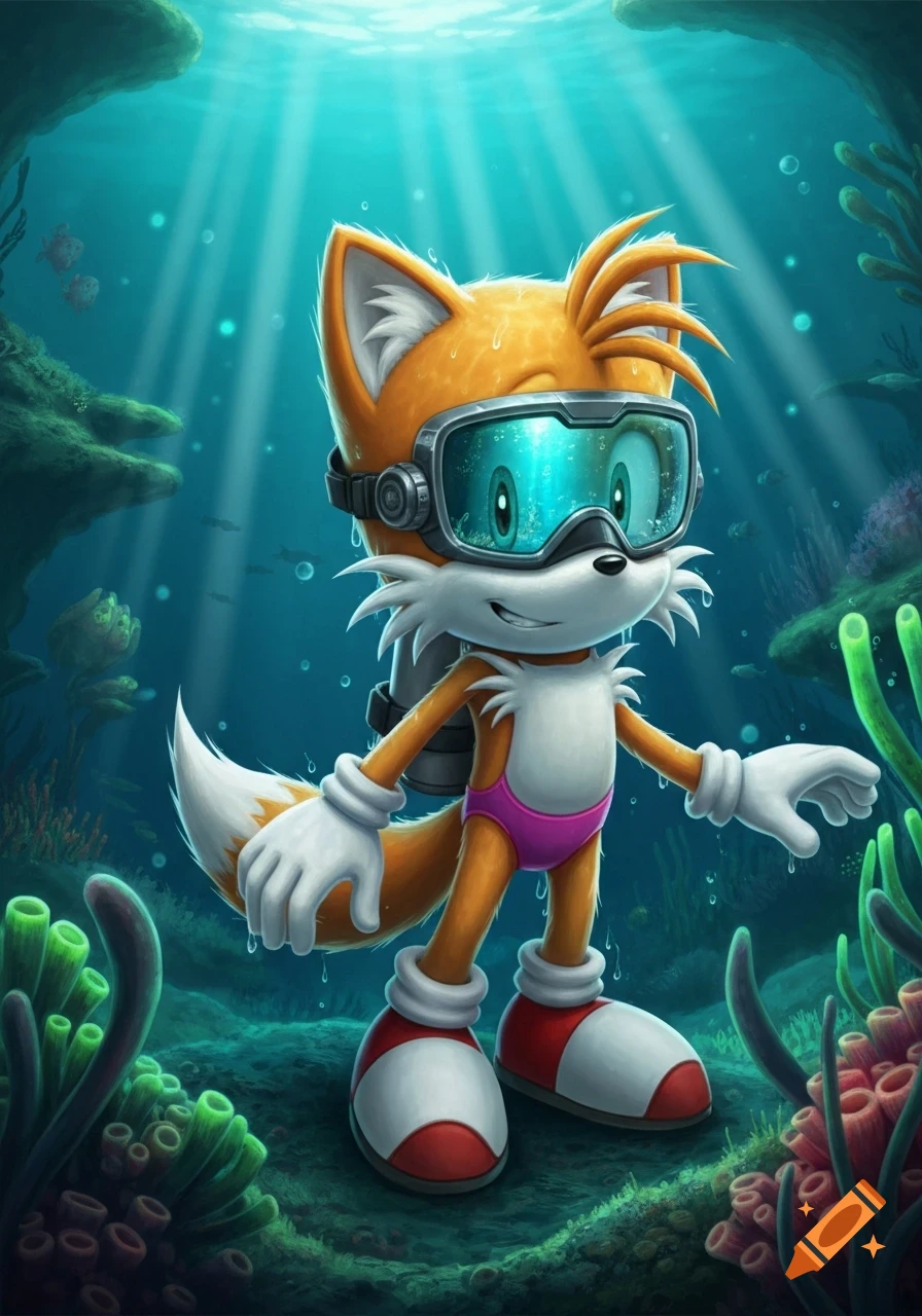Tails the fox in a pink swimsuit and scuba mask underwater amidst coral and plants. Cartoon illustration.
