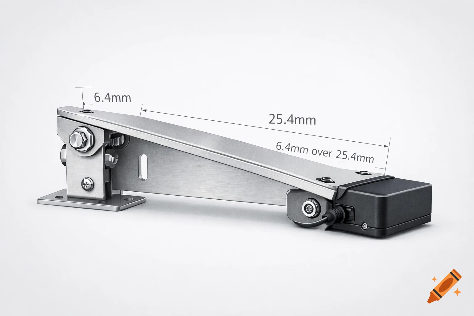 A silver metallic lever mechanism with a black control box, displaying technical dimensions 6.4mm and 25.4mm on a white background.