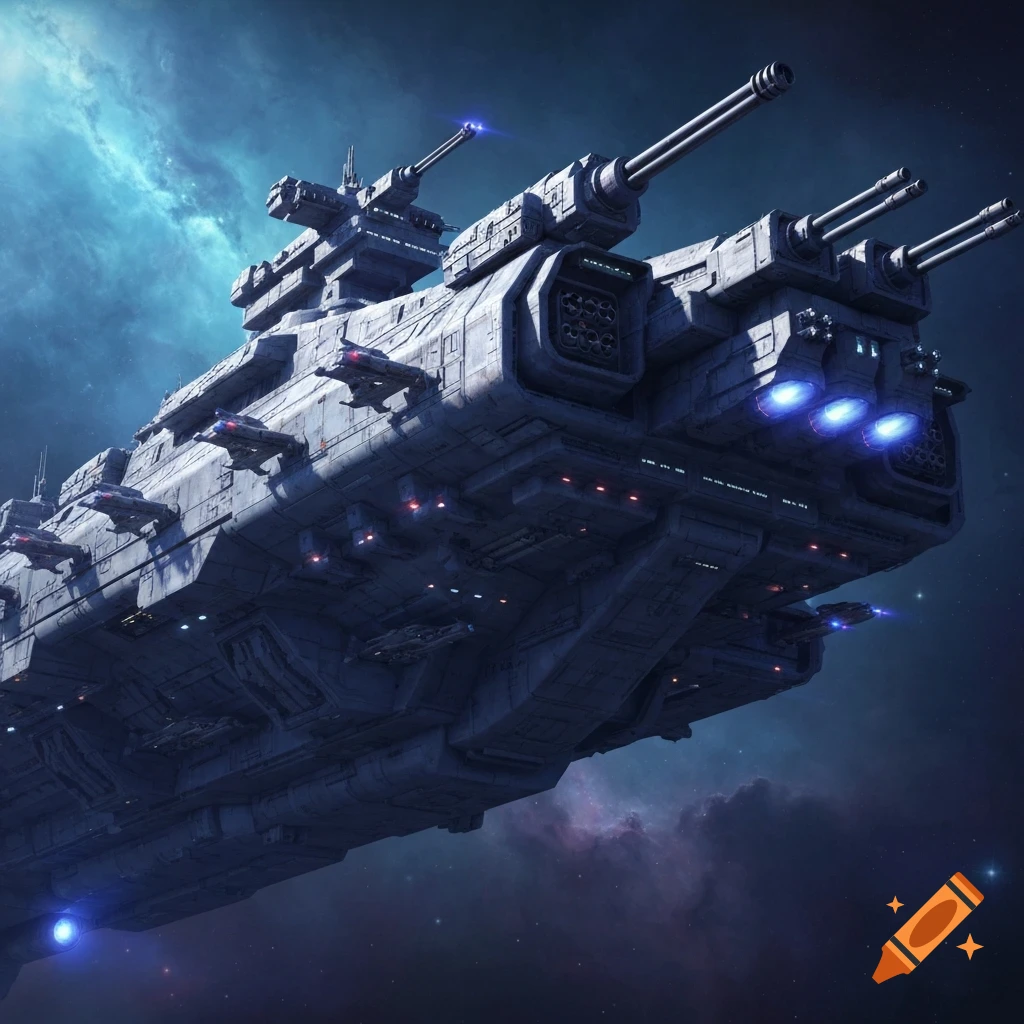 A large, detailed grey spaceship with multiple turrets, glowing blue engines, and smaller craft docked on its hull, against a deep blue and purple nebula in space.