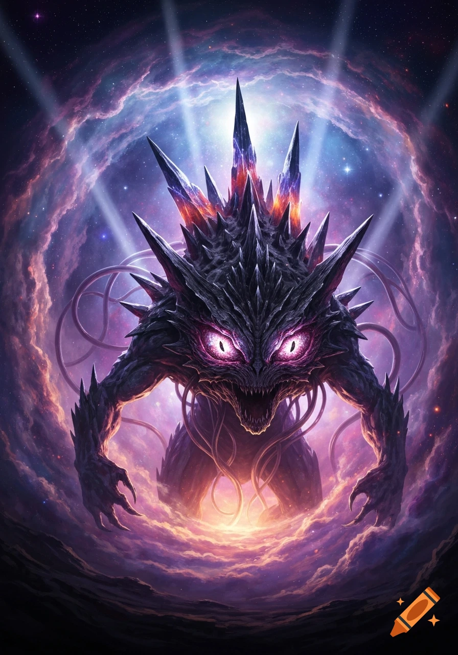 A spiky, dark monster with glowing purple eyes and sharp teeth emerges from swirling cosmic clouds and stars.