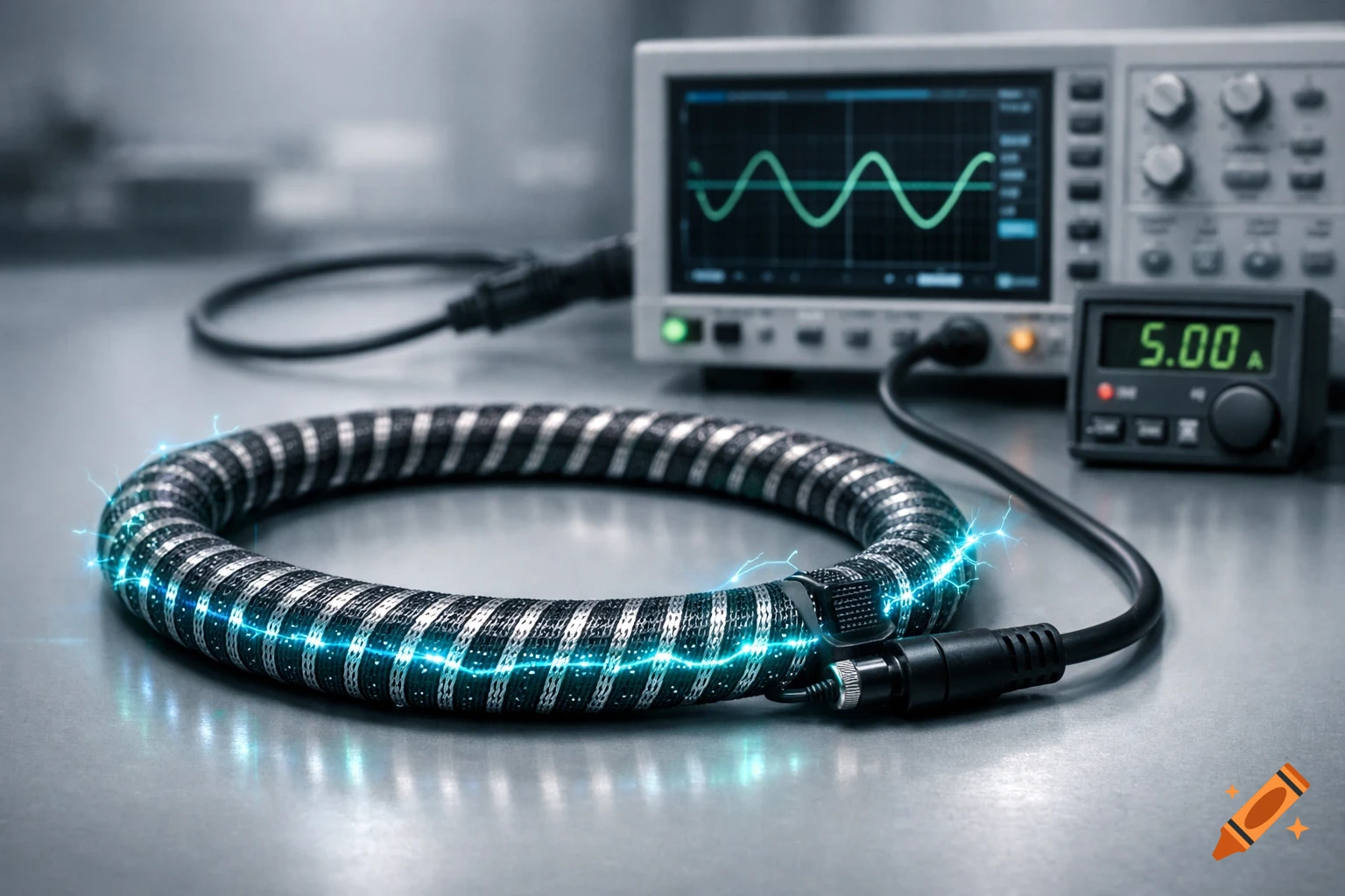 Rogowski coil with electric sparks on a lab bench, connected to an oscilloscope showing a waveform and a digital meter displaying 5.00 A.