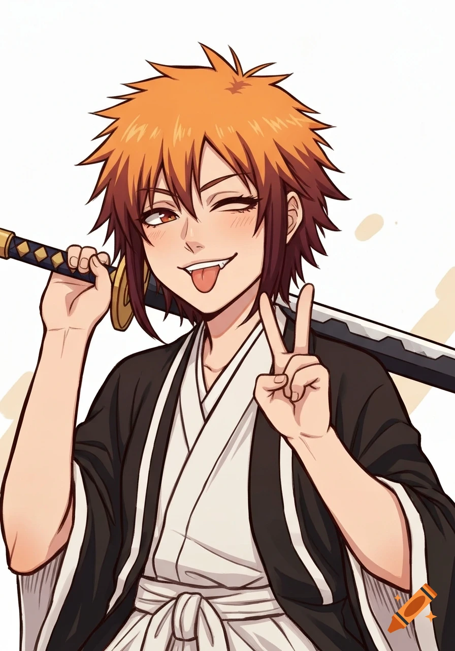 Anime character with spiky orange hair, winking and sticking out tongue, holding a katana and making a peace sign.