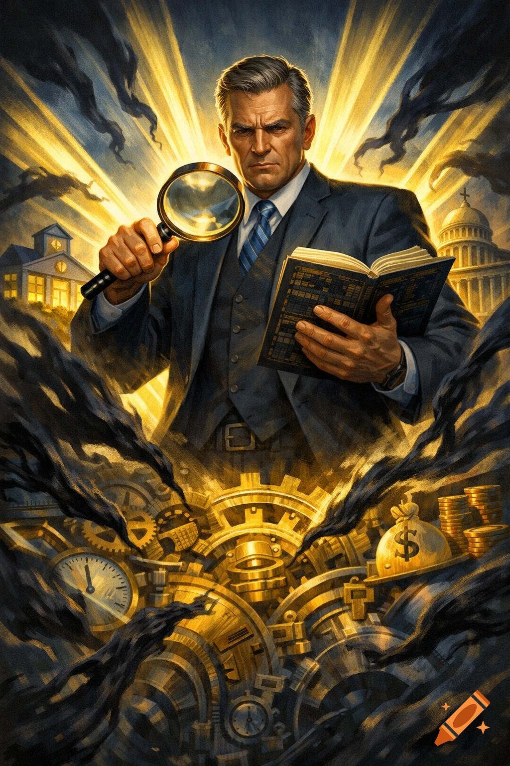 A stern man in a suit holds a magnifying glass and an open book, standing above golden gears, clocks, and money. Buildings are in the background with light rays.