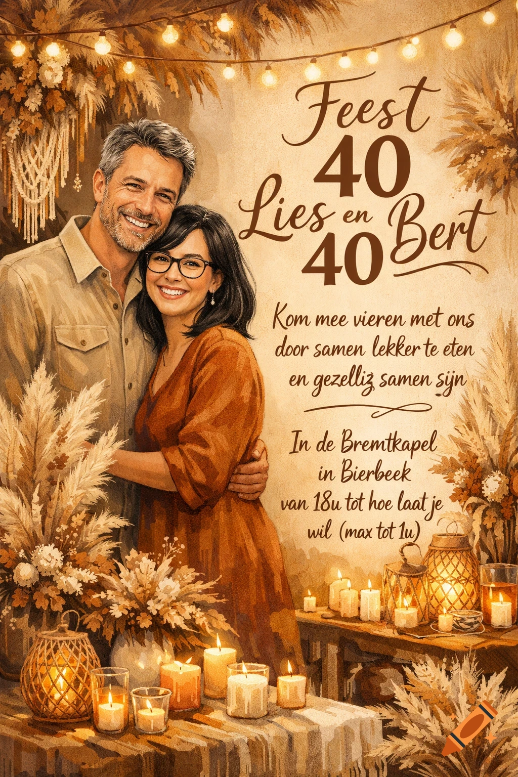 Smiling man and woman on a festive boho-style birthday invitation card, adorned with pampas grass, candles, and fairy lights.