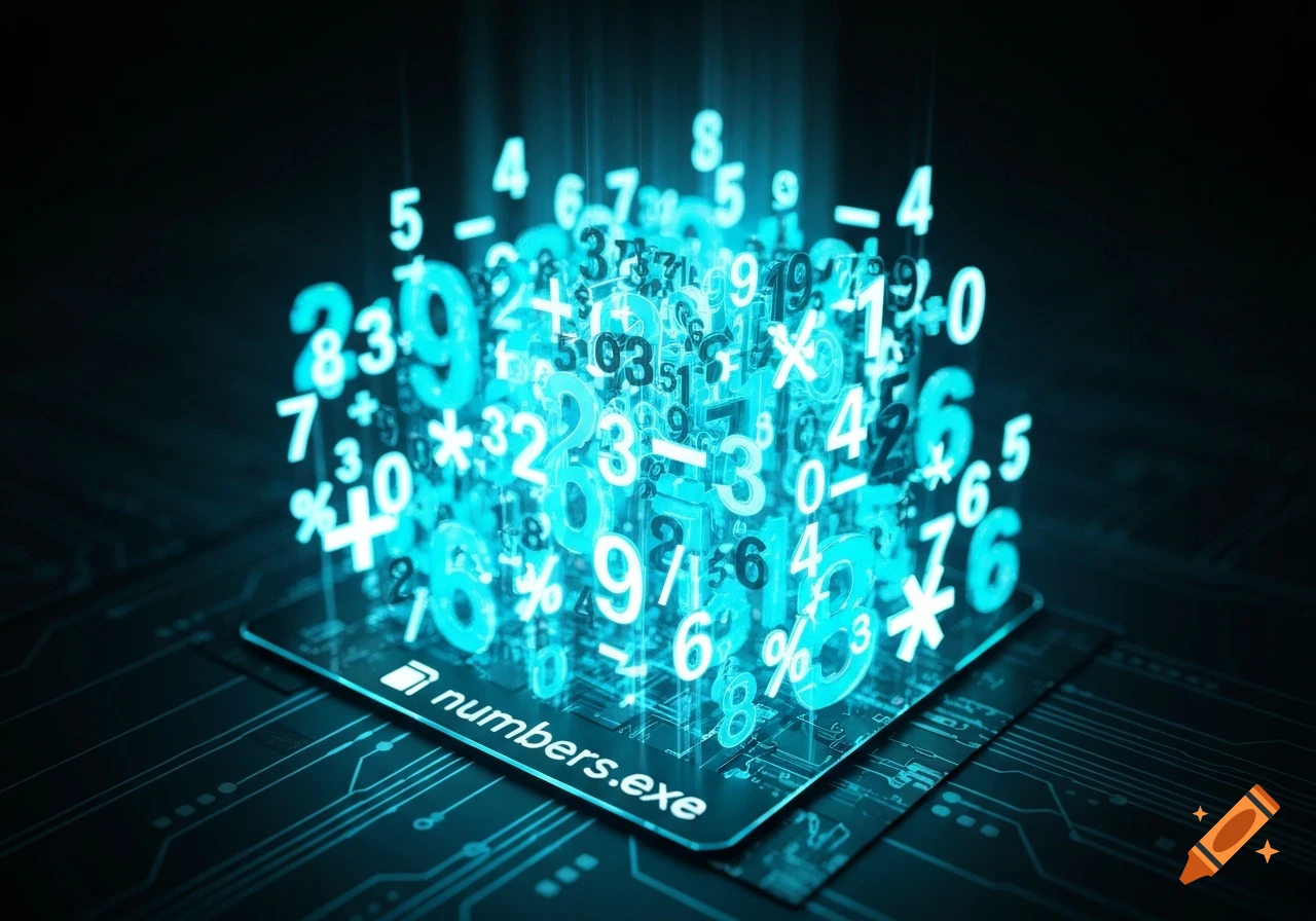 Glowing blue numbers and symbols rise from a circuit board with 'numbers.exe' on it, against a dark, tech-themed background.