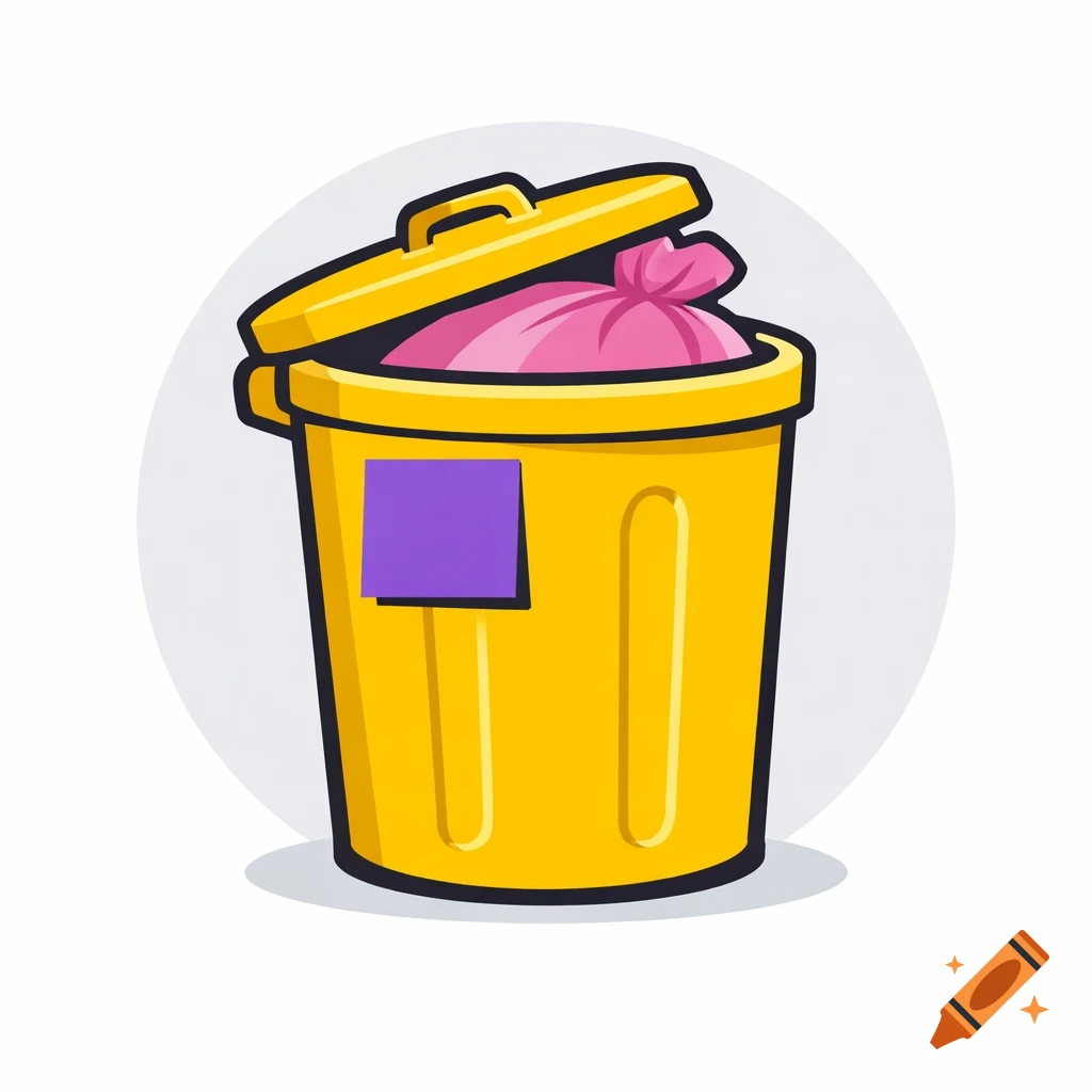 A cartoon illustration of a yellow trash can with an open lid, a pink trash bag spilling out, and a purple sticky note on its side.