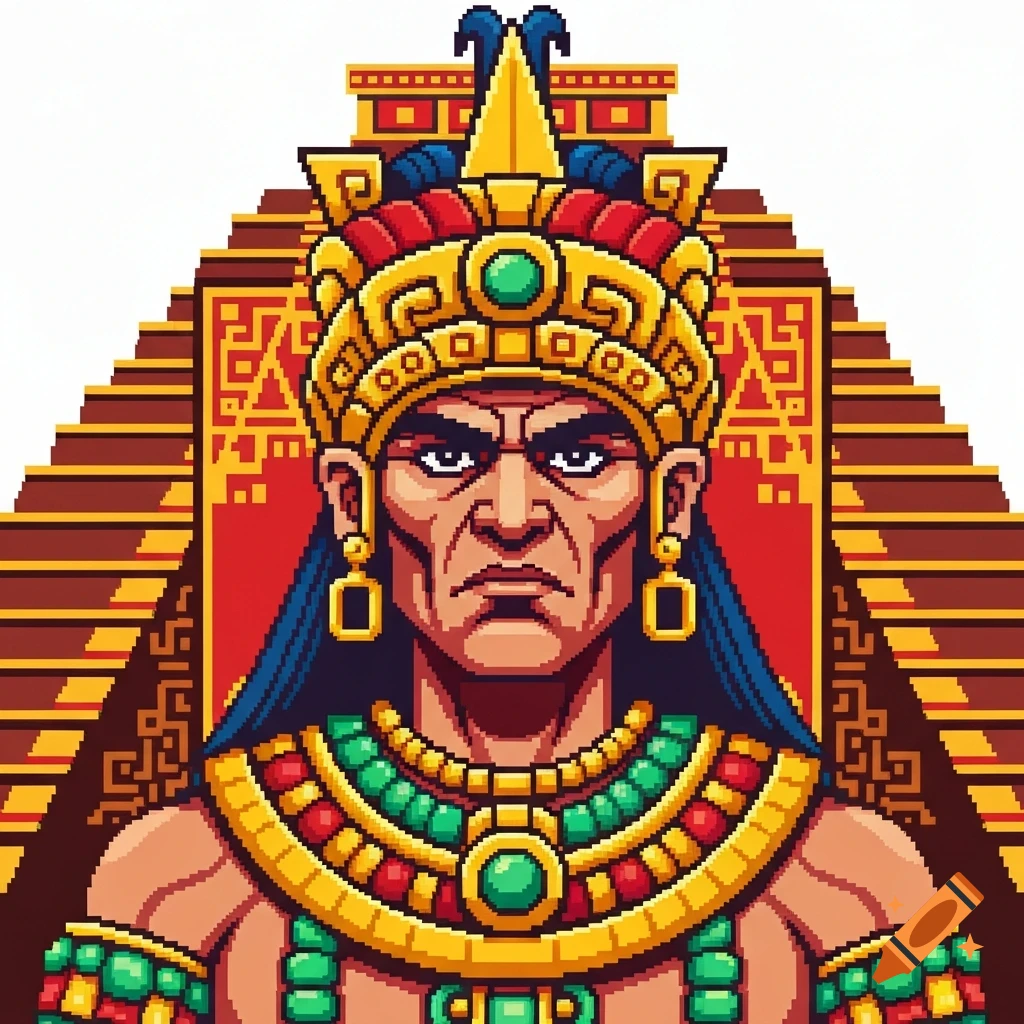 A stern-faced Aztec Tlatoani in an elaborate golden headdress and necklace, depicted in 16-bit pixel art against a red background with a temple.