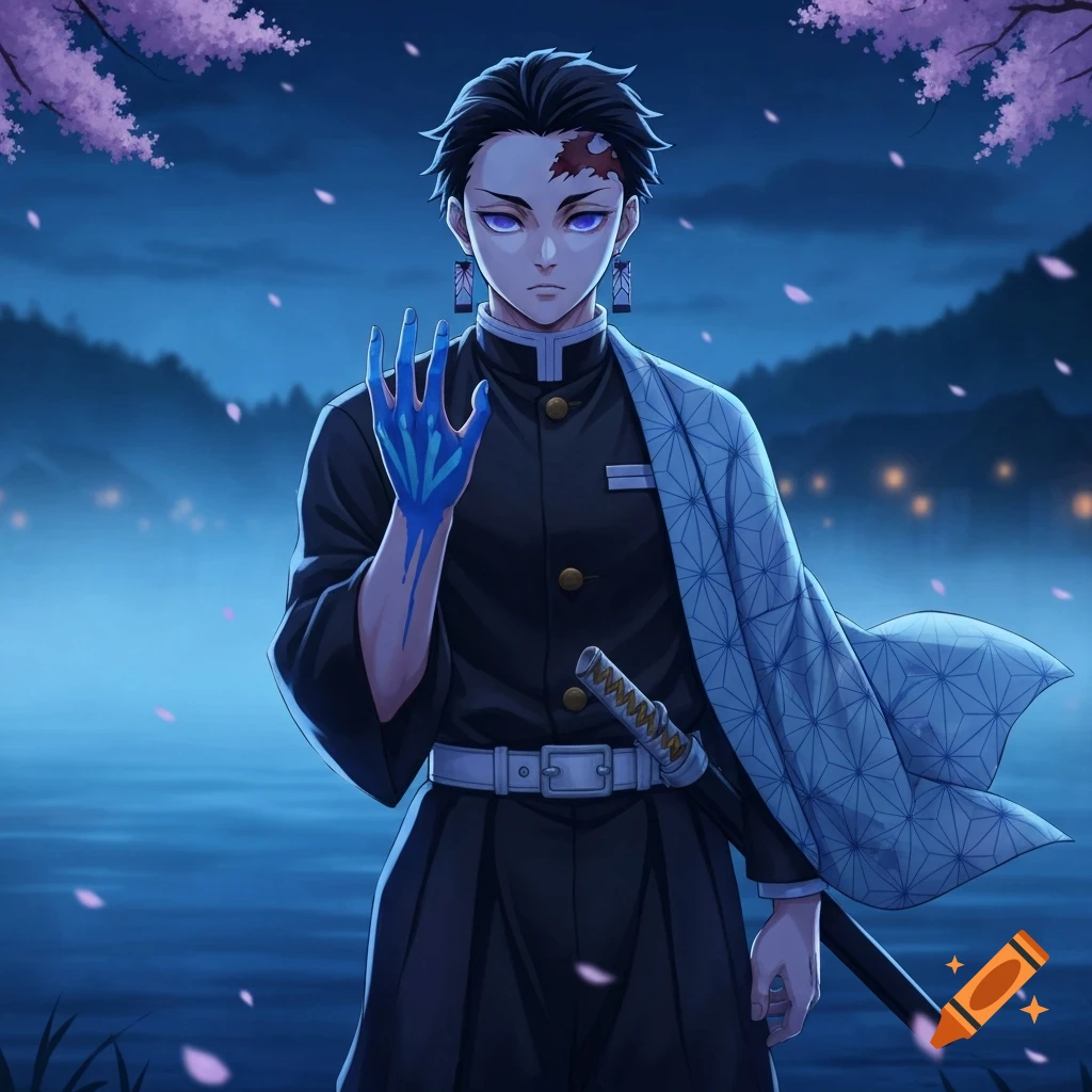 Anime style depiction of Giyū Tomioka with glowing blue markings on his hand, standing in a moonlit, misty landscape with cherry blossoms.
