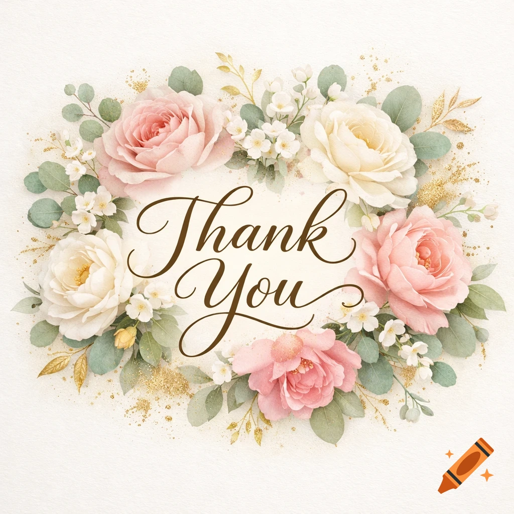 Watercolor floral wreath with pink and white roses, green leaves, gold accents, and the words 'Thank You' in script.