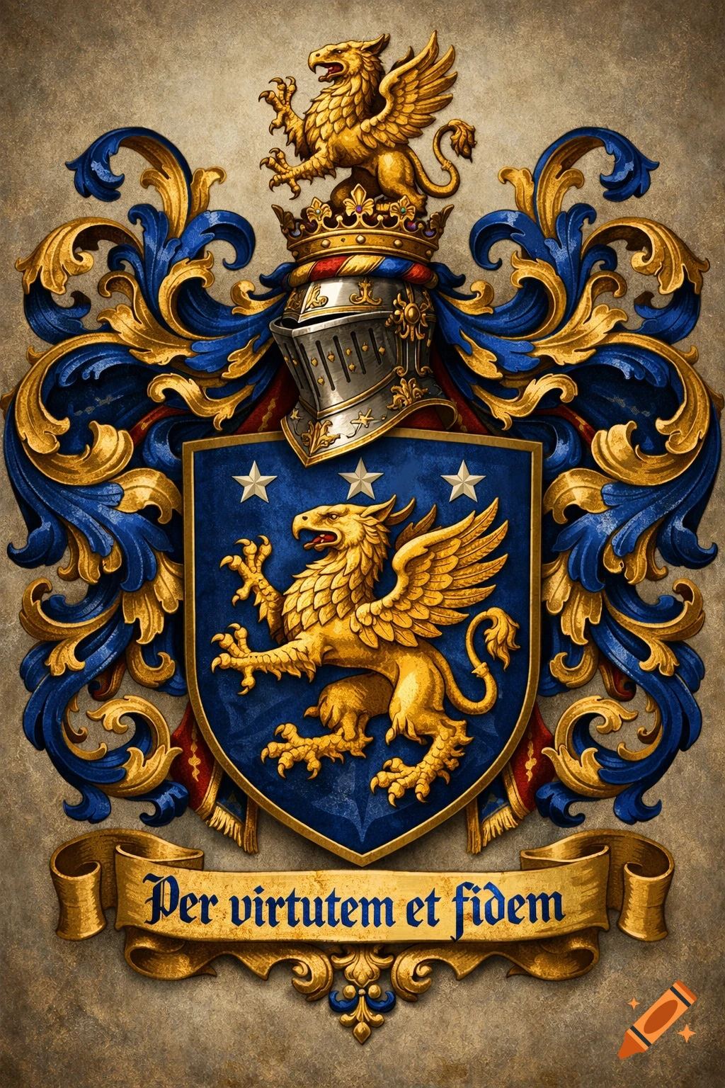 A richly decorated historic European coat of arms with a gold griffin on a blue shield, a helmet, crown, and a banner with 'Per virtutem et fidem'.