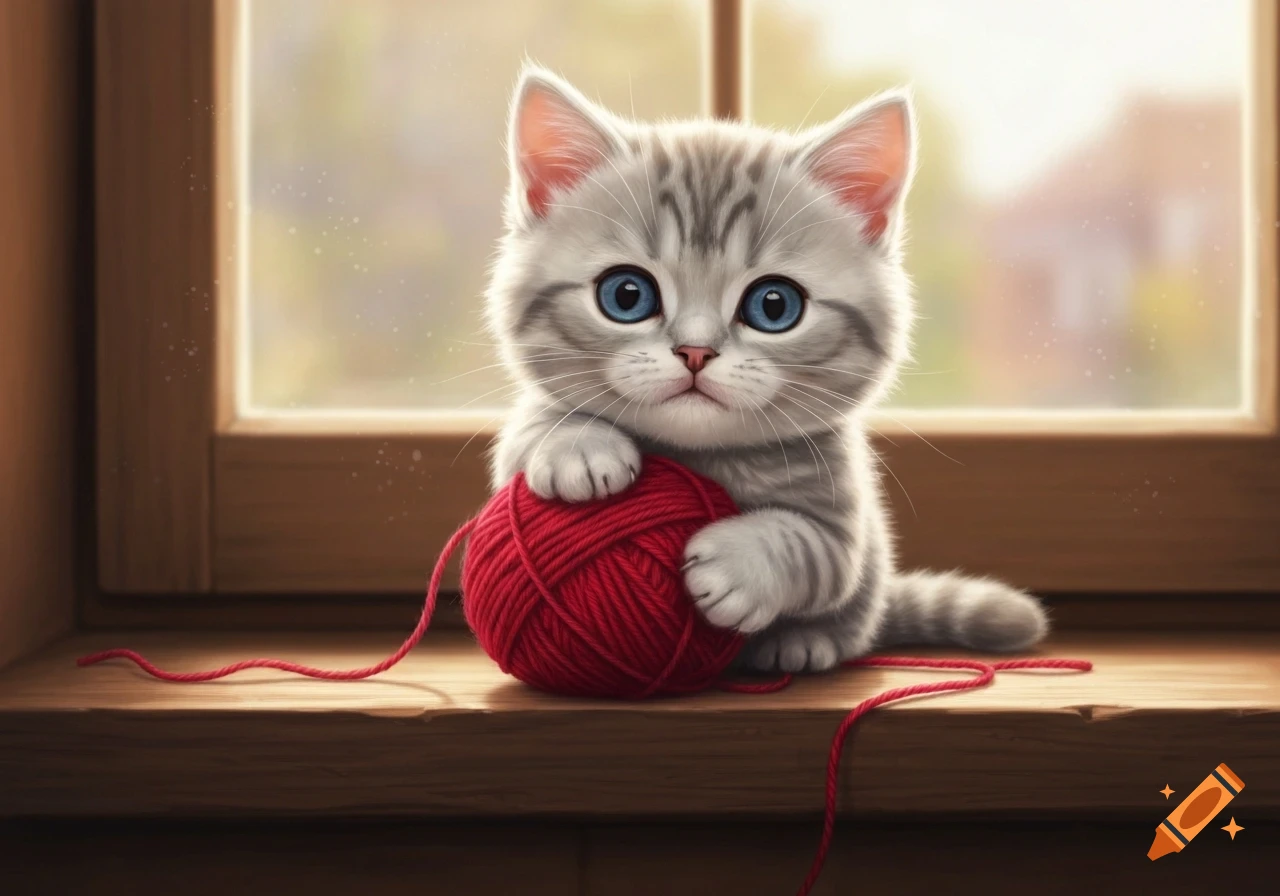 A fluffy grey and white tabby kitten with big blue eyes holds a red ball of yarn on a wooden windowsill.