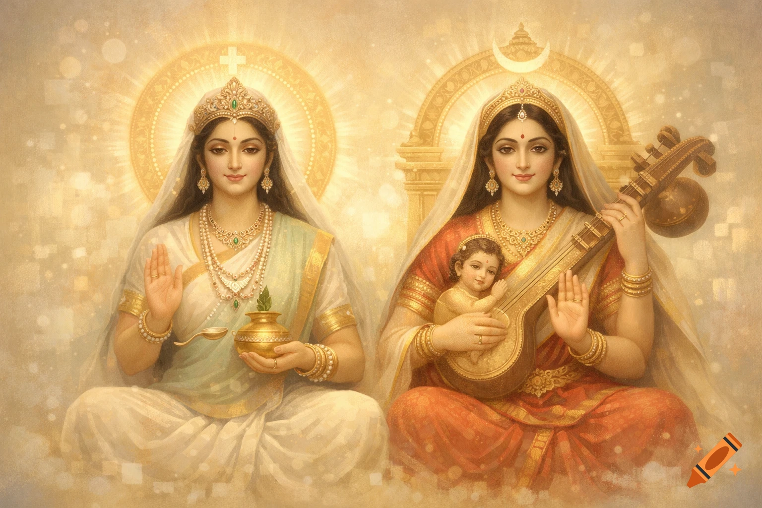 Two serene Hindu goddesses sit adorned with jewels in a glowing, spiritual setting. One holds a pot, the other a veena and child.