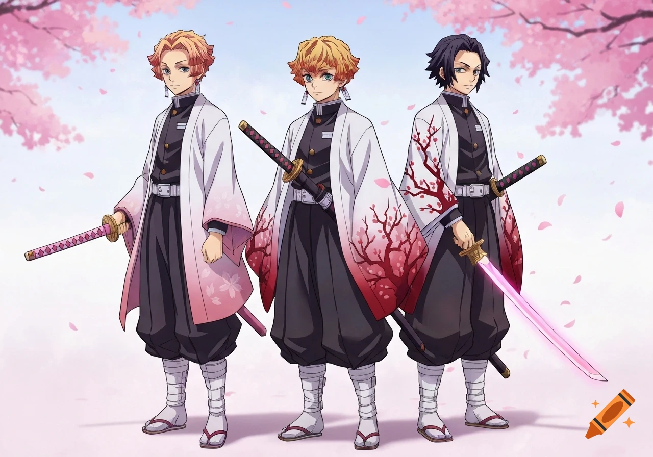 Three anime men in black uniforms and white haoris, two with sakura patterns, holding pink katanas under blooming cherry blossom trees.