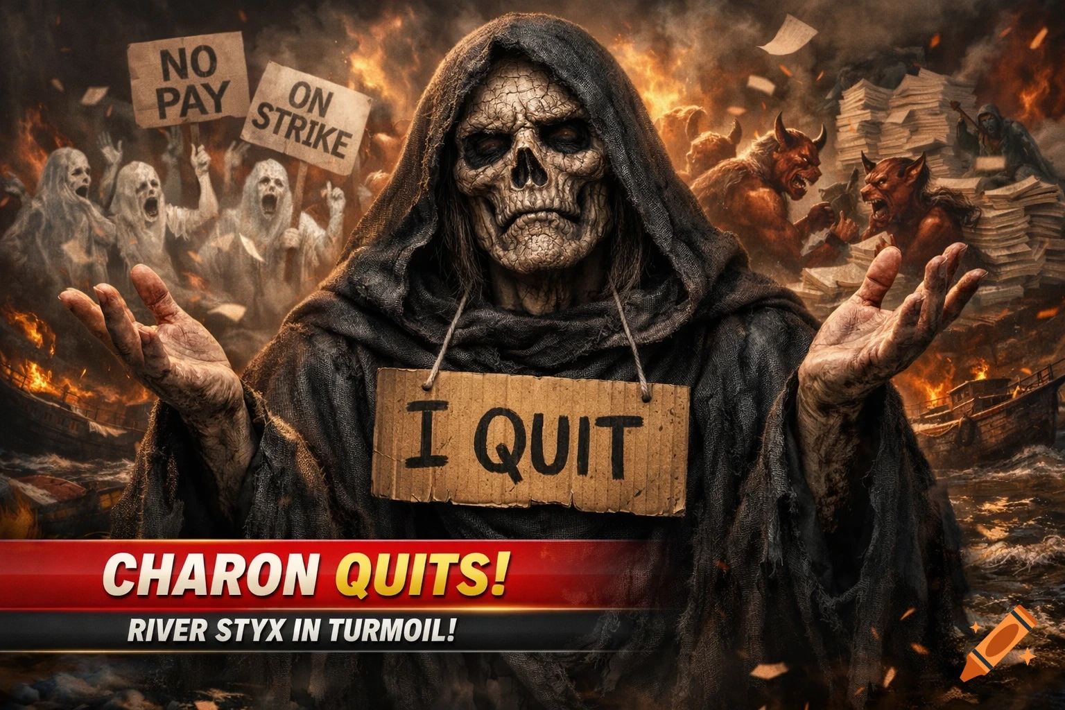 Hyper-realistic image of a skeletal Charon wearing a tattered cloak and an 'I QUIT' sign, throwing his hands up in defeat amidst a chaotic, burning underworld with protesting souls, demons, and a lower-third headline 'CHARON QUITS! RIVER STYX IN TURMOIL!'