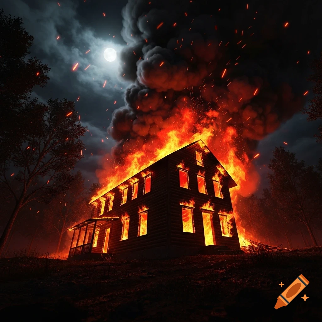 A dark, moody scene of a two-story house engulfed in bright orange flames and thick black smoke under a full moon.