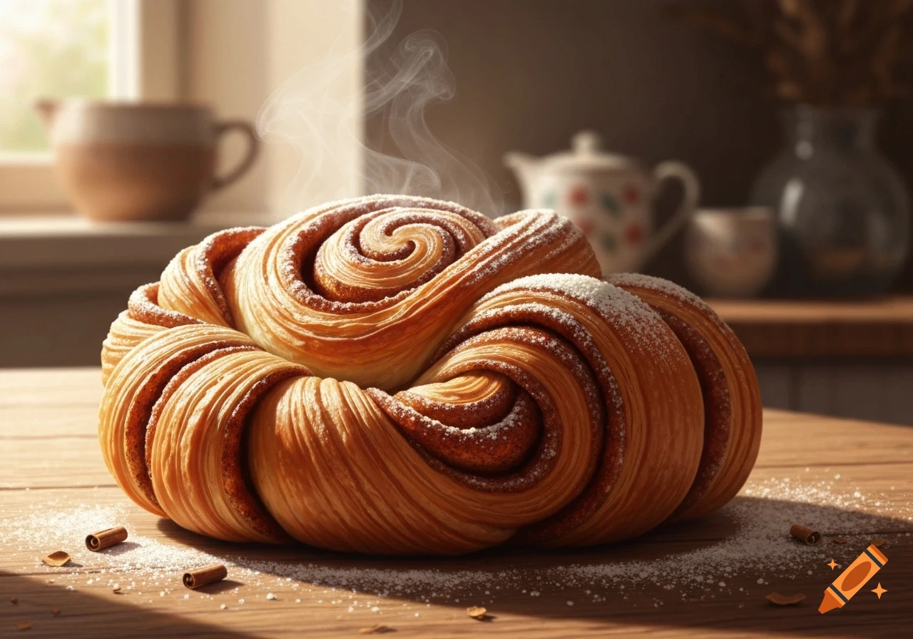 A large, steamy cinnamon bun, dusted with powdered sugar, sits on a wooden table with cinnamon sticks. Photorealistic.